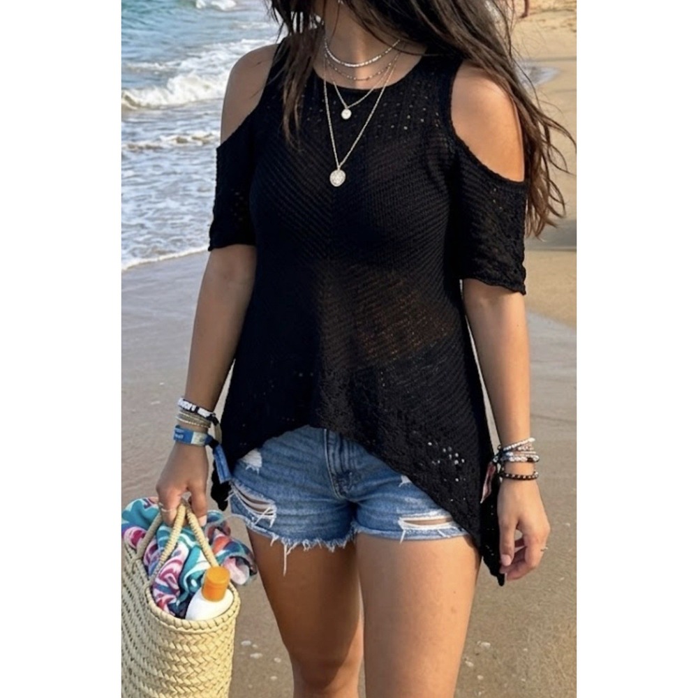 Black Crochet Knit Boho Punk Beach concert Grunge Goth Tunic Top - Size L